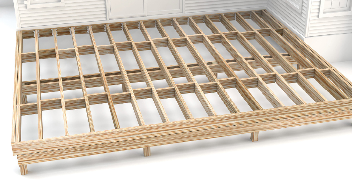 The substructure of a deck, including joists, rim boards, blocking, and posts is shown without the deck surface installed. 