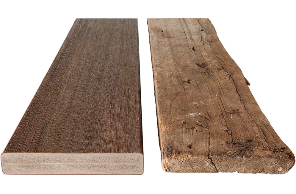 A side by side view of a TimberTech composite deck board and a rotting wooden deck board