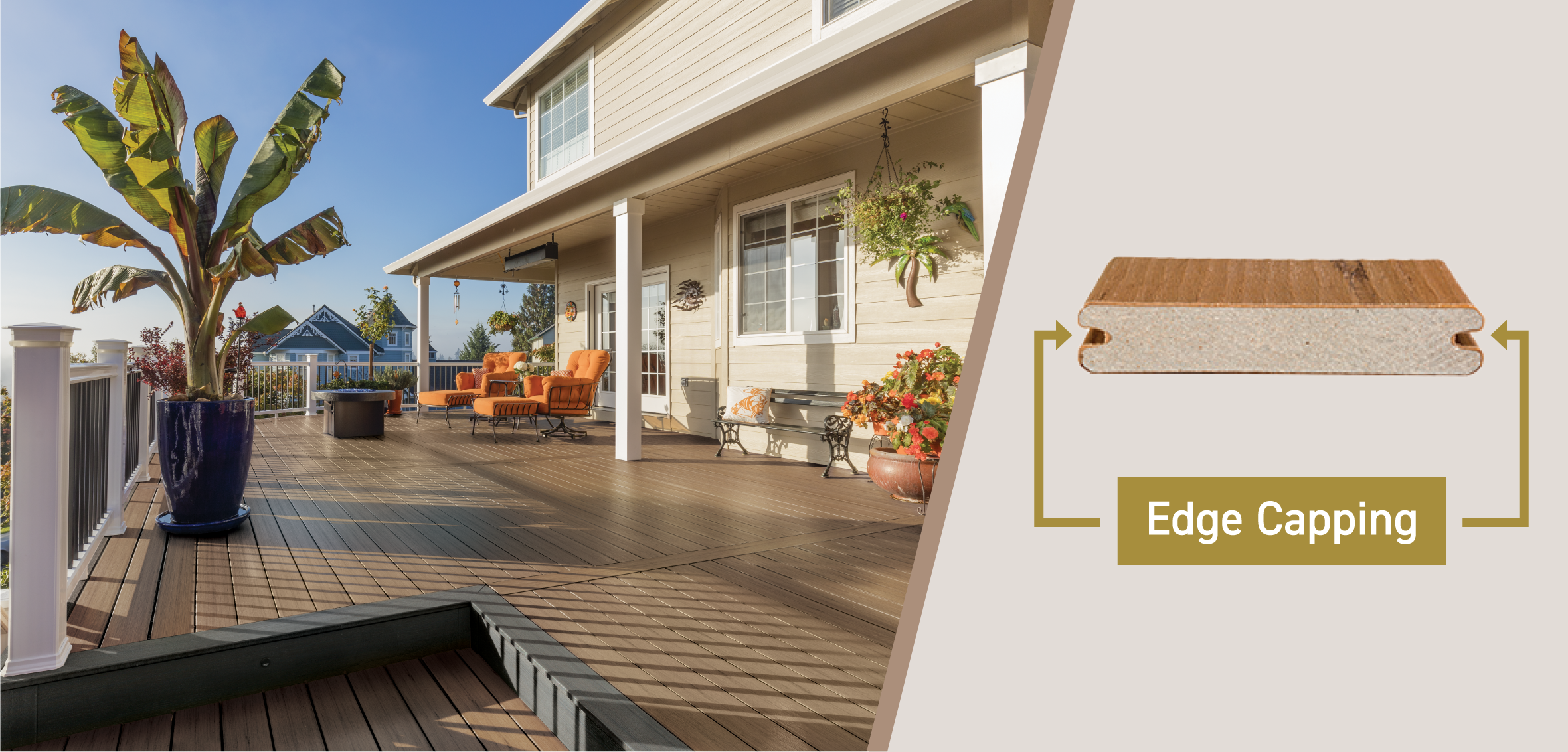 A decorated back deck with contrasting-colored rim and framing boards features a close-up of a board’s capping. 