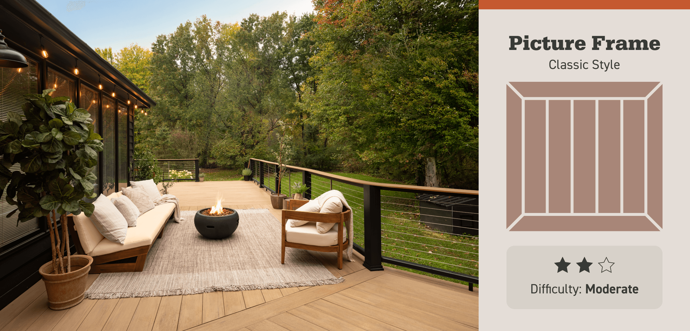 A picture of a deck with white furniture and a beautiful backyard showcases a picture-frame decking pattern with pattern details and illustration to the right. 