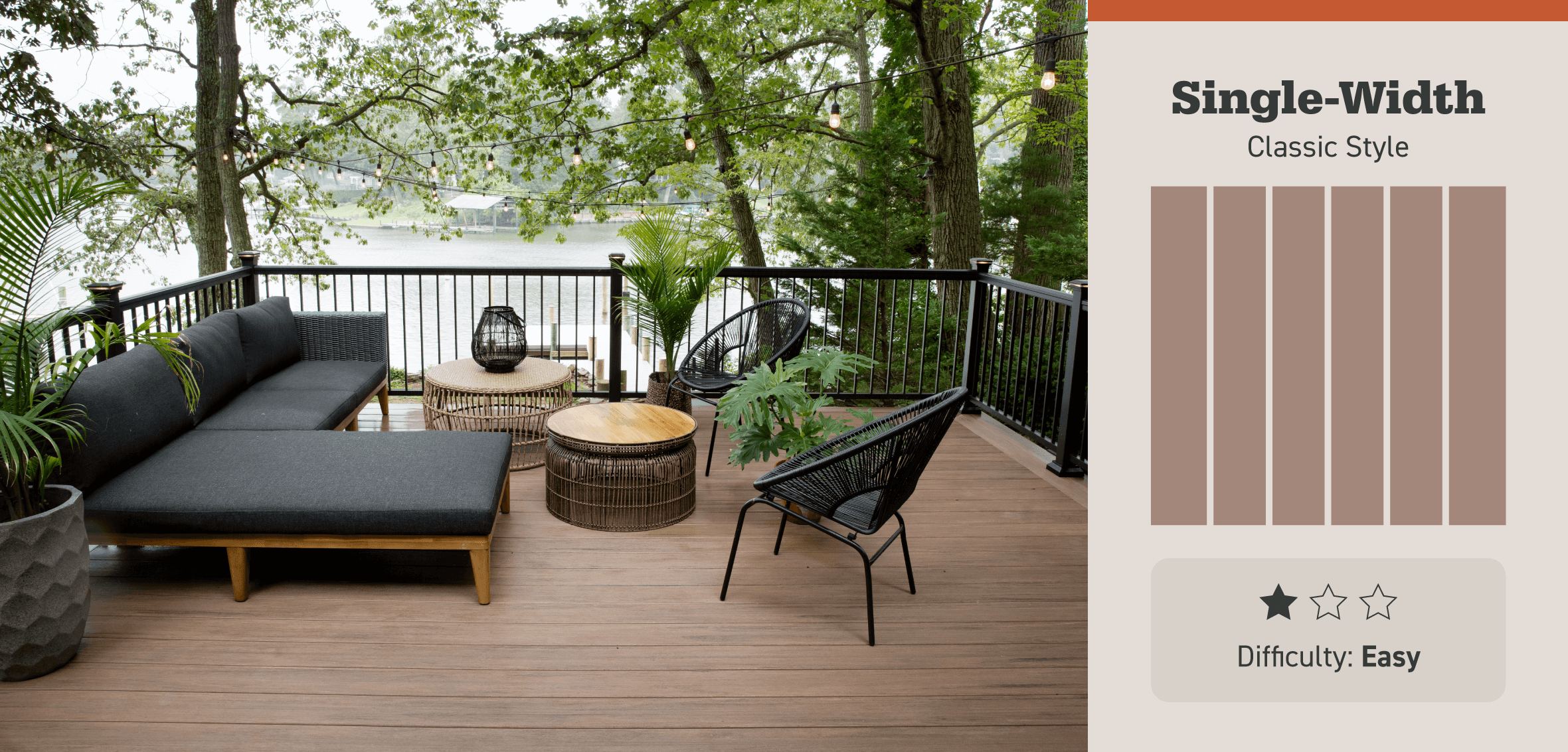 A photo of a deck with single-width bards and black furniture sits next to an illustration of a single-width pattern and pattern details. 