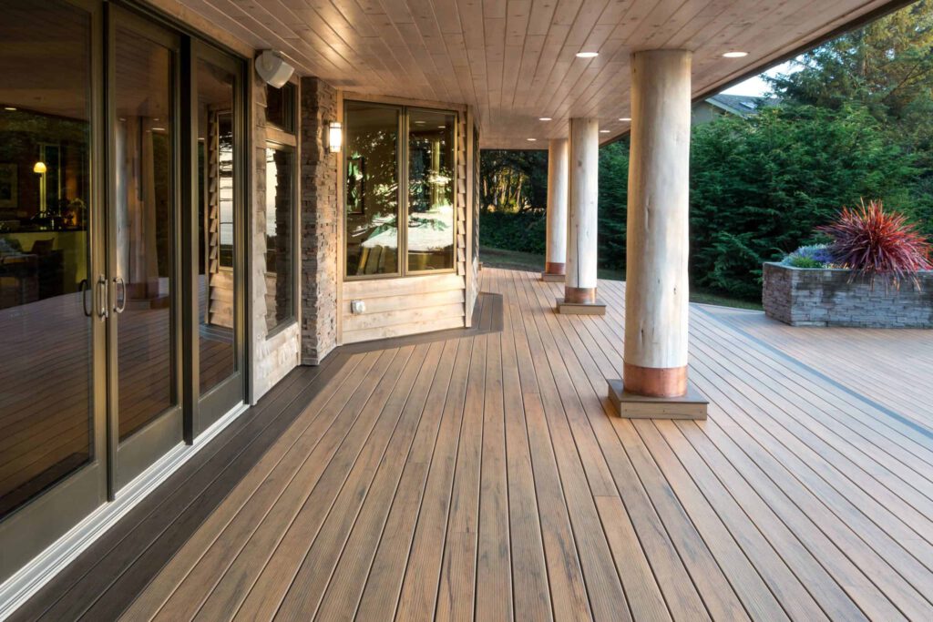 Deck featuring TimberTech PRO Legacy Collection in Tigerwood with columns
