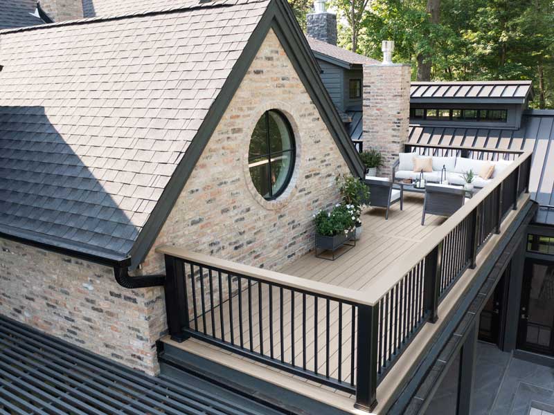 Angled aerial shot of Elizabeth and Scott's private, second story deck